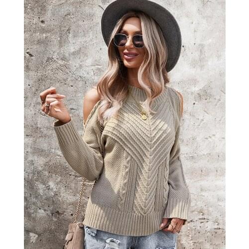 Autumn Loose Fashionable Design Womens Round Neck for Woman Sweater Solid Hollow Out Split Twisted Off Shoulder Long Sleeve