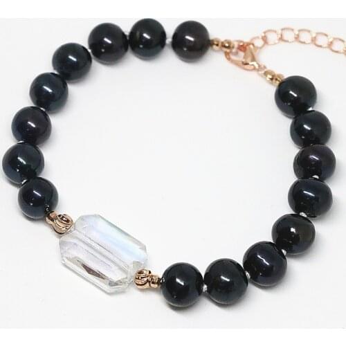 Trendy natural freshwater pearl 9-10mm 4 colors women bracelet crystal beads rose gold-color clasp jewelry B1403