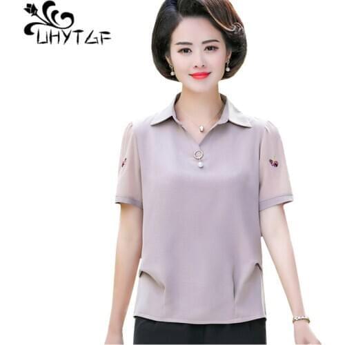 UHYTGF tshirt women fashion Chiffon summer t-shirt women clothes solid color wild loose4XL plus size shirt pullover thin top 878