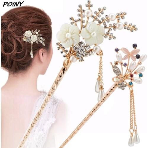 Vintage Chinese Style Hair Stick Metal Rhinestone Chopsticks Women Tassel Pearl Flower Hairpin Hair Clip Pin Jewelry Accessories