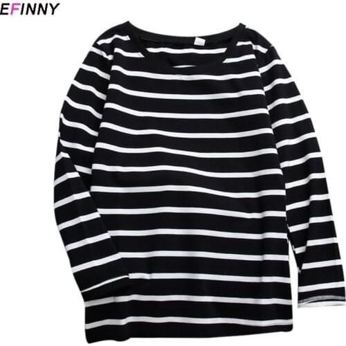 Women Loose T-Shirts Round Collar Stripes Print Loose Long Sleeve Casual Simple Wild Shirt All-match Tops New