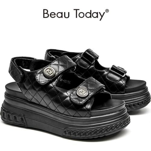 Women Chunky Sandals Synthetic Leather Sewing Hook and Loop Back Strap Summer Platform Female Shoes Handmade BeauToday 38159