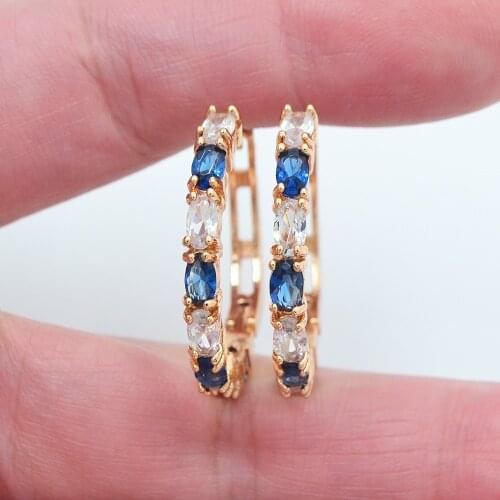 Gold Color Women Fashion White Blue Oval Cubic Zirconia CZ Huggie Hoop Earrings Jewelry