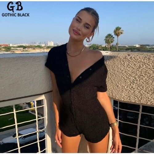 Gothblack Playsuits Solid V Neck Single Breasted Slim Hip Simple Rompers Women Summer Clothing Bodycon Causal Street Fashion