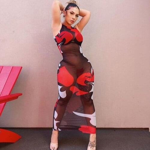 Womens Casual Sleeveless Long Dress Sexy Printing Mesh Yarn Perspective High Waist Skinny Dress See Through Beach Dress