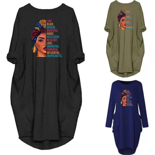 Plus Size Loose Dress Women Summer Vintage Midi Dress Print With Pocket Long Sleeve O Neck Party Dress Vestidos Femme Robe