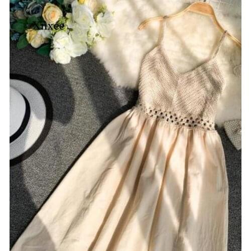 Summer Knit Hollow Aline Dress Women Fashion Sexy V-Neck Waist Revealing Patchwork Pure Vacation Beach Loose Dress New Clothing