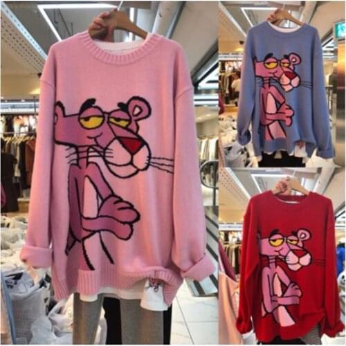 2021 Spring Korean New Cartoon Sweater Womens Loose Leopard Round Neck Loose Casual Pullover Knitting Sweater Tops
