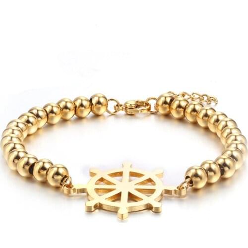 RIR Gold Rosary Bead Link Chain Ship Wheel Bracelet In Stainless Steel Mens Nautical Hand Wrist Friendship Bracelets