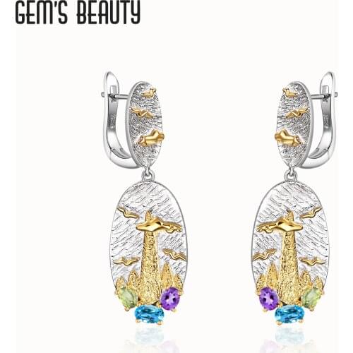 Gems Beauty 925 Sterling Silver Earrings Statement Fine Jewelry Women Handmade Original Gold Plated Natural Gemstone Topaz