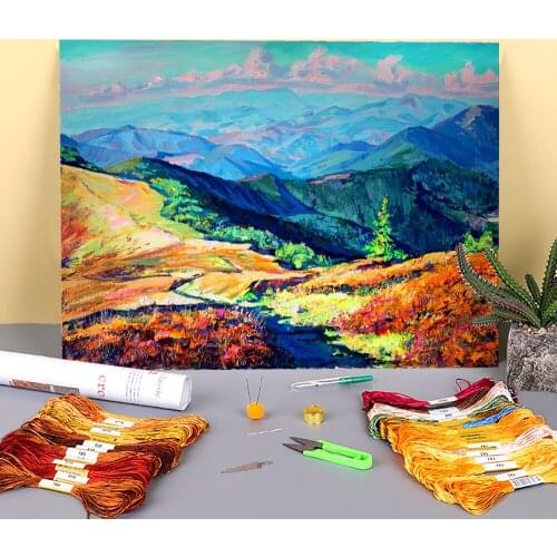 Landscape Mountain Valley Pre-Printed 11CT Cross-Stitch Embroidery Complete Kit DMC Threads Sewing Knitting Craft Needle