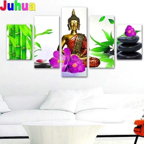 Buddha Bamboo Purple Flowers 5d diy diamond painting 5 piece full square drill mosaic picture of rhinestones Diamond embroidery