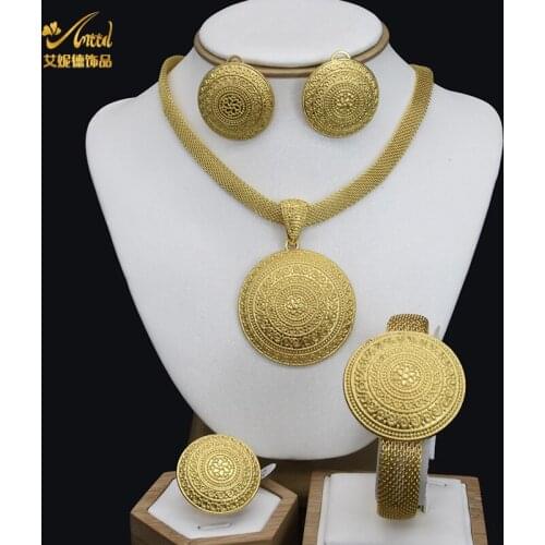African 24k Dubai Gold Jewelry Sets For Women Nigeria Wedding Gifts Bridal Party Necklace Bracelet Earrings Ring Jewellery Set