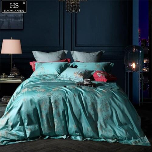 Green Fabric Flowers Design Bedding Set Luxury Jacquard Embroidery 4/7Pieces Cotton Bedspread Bed Sheets Pillowcase Duvet Cover