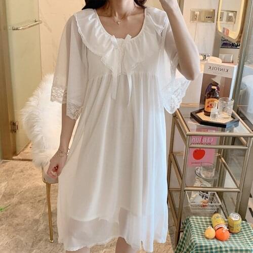 Summer New Womens O-Neck Long Mesh Nightdress Sweet Lace Bow Princess Nightgown Butterfly Sleeve Sleepwear With Bra Home Dress