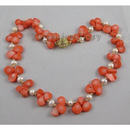 Terisa Pearljewelry AA 7-8MM White Color Freshwater Pearl Necklace Made With Yellow Beads Pink Coral Stone Jewelry Necklace