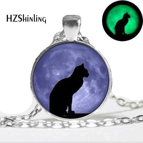 Glowing Necklace Pendant cat moon cabochon,Blue purple Moon Glow in the DARK, art photo cat necklace glowing jewelry