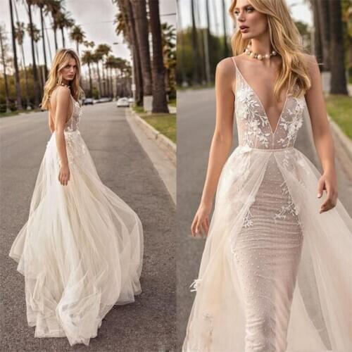 Mermaid Wedding Dresses Cheap Backless V neck Lace Bridal Dress Boho Plus Size Beach Country Wedding Gowns Detachable Tail