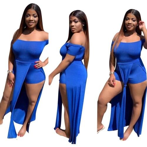Hot New Hot Style European and American Fashion Womens Clothing Solid Color Short-Sleeved Jumpsuit with Slits On Both Sides
