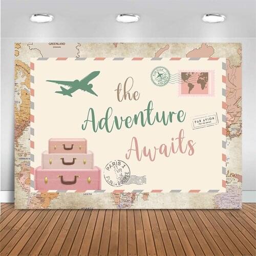 Mocsicka Adventure Awaits Theme Backdrop World Map Stamp Airplane Child Birthday Adventure Party Photo Background Decoration
