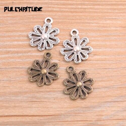 PULCHRITUDE 20pcs 16*20mm Metal Alloy Two Color Hollow Flowers Charms Small Plant Pendants For Jewelry Making DIY Handmade Craft