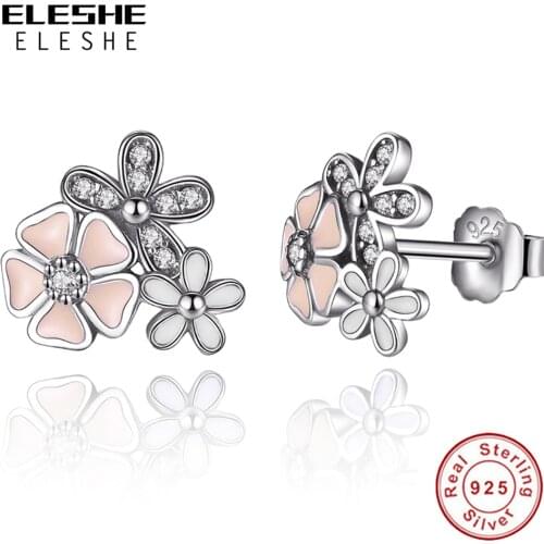 Authentic 100% 925 Sterling Silver Earrings for Women Pink Enamel Poetic Daisy Cherry Blossom Stud Earring Fashion Jewelry Gift