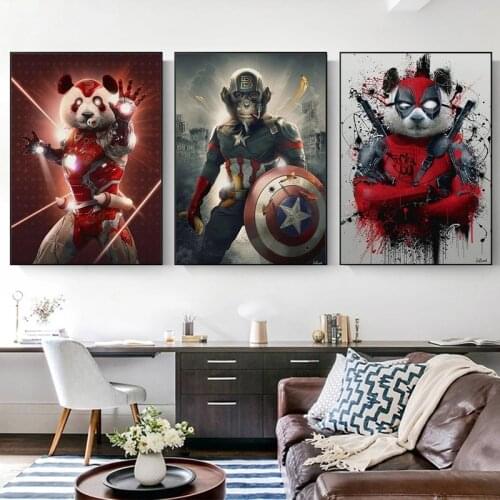 Funny Animals Heroes Graffiti Art Paintings on The Wall Art Posters and Prints Monkey and Panda Pictures for Kids Room Decor