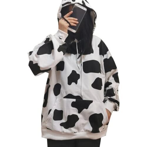 Cow Printed Hoodies Cotton Oversized Women Hoodie Sweatshirt Harajuku Pocket Female Hooded Top Long Sleeve Woman Hoodies