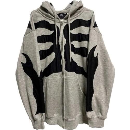 Zipper Hooded Y2K Spring and Autumn Womens Jacket Ins Skeleton Print Gray Gothic Hip Hop Cardigan Jacket graphic hoodies