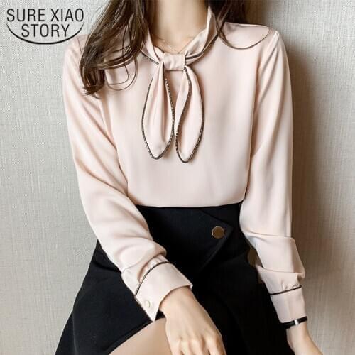 Spring 2021 New Office Lady Slim Solid Blouse Women Fashion Chiffon Shirt Elegant Long Sleeve Korean Tops Blusas with Chic Bow