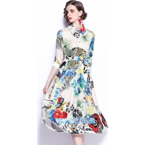 Women Dresses Summer 2021 Runway Designer Printed Elegant Slim Dress with Belt Office Lady A-LINE Turn-down Collar Shirt Dresses