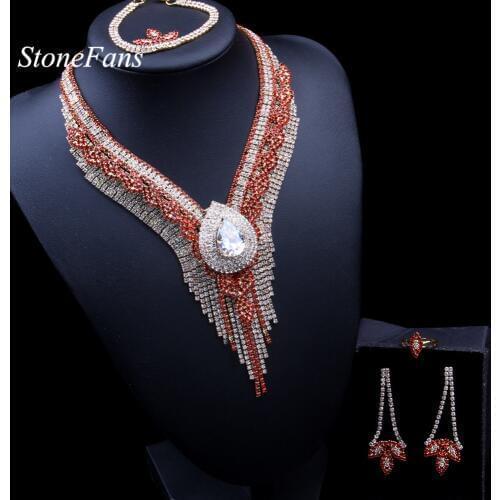 StoneFans Dubai Luxury Red Stone Gold Necklace Set for Women Tassel Plant Leaves Bridal Rhinestone Zircon Wedding Jewelry Sets