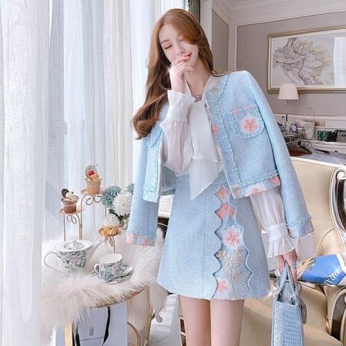Floral Embroidery Two Piece Set Women O-Neck Long Sleeve Vintage Blue Tracksuit Jackets + High Waist Mini Skirts Office C972