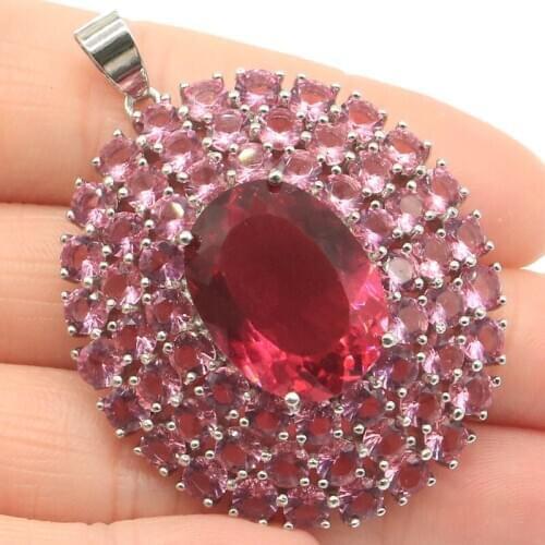 49x37mm Stunning Created Big Oval 20x15mm Pink Tourmaline Womans Wedding Silver Pendant