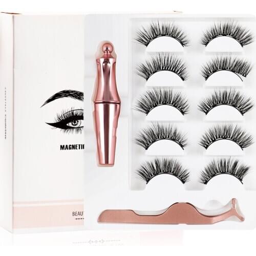 5 Pairs Eye Lashes Set Magnetic 3D False Mink Eyelashes Magnet Extension Liquid Eyeliner & Tweezer Set Waterproof Long Lasting