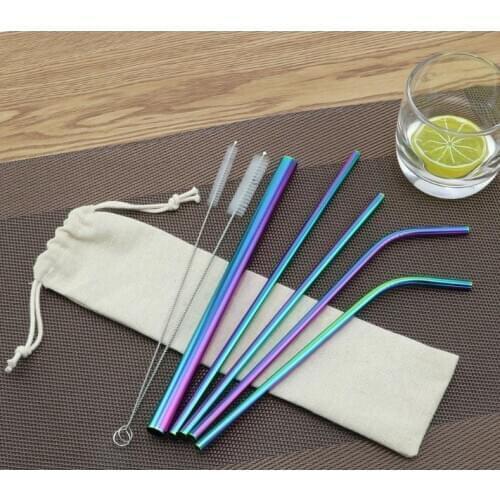 7pcs/set Reusable Metal Drinking Straws 304 Stainless Steel Sturdy Bent Straight Drinks Straw With Cleaning Brush for Bar SN1903