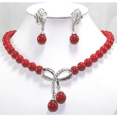 Free shopping! green Jades White Pearl Red Coral Necklace Set Crystal Pendant Earrings