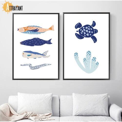Turtle Fish Shell Mica Coral Marine Life Wall Art Canvas Painting Nordic Posters And Prints Wall Pictures For Living Room Decor