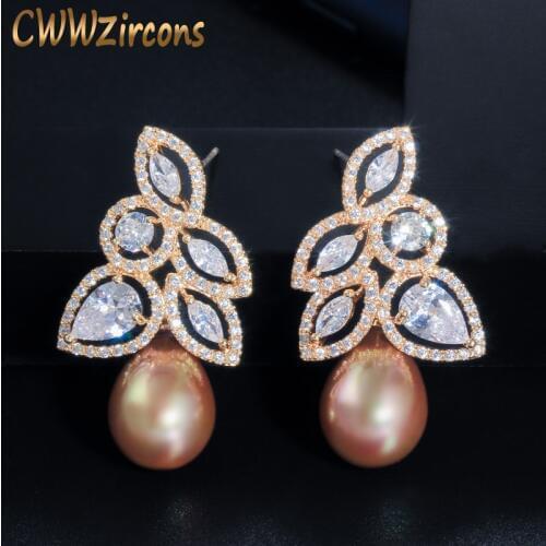 CWWZircons Sparkling Flower Leaf Cubic Zirconia Yellow Gold Color Dangle Drop Big Pearl Wedding Party Earrings for Women CZ590