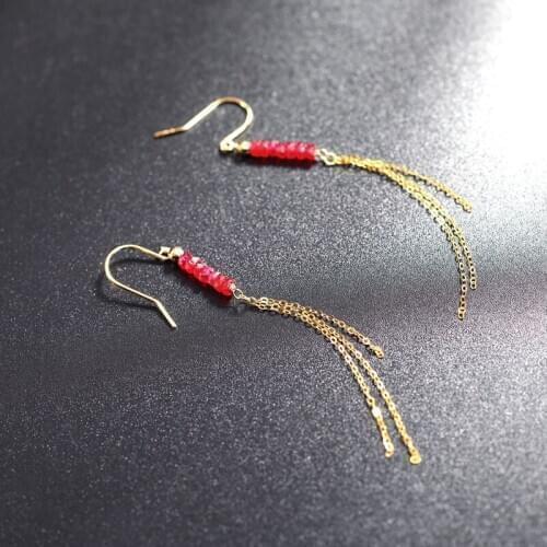 DMBS401 Ruby long tassel earrings yellow 18K gold Genuine Gemstones female simple gift for girlfriend earrings