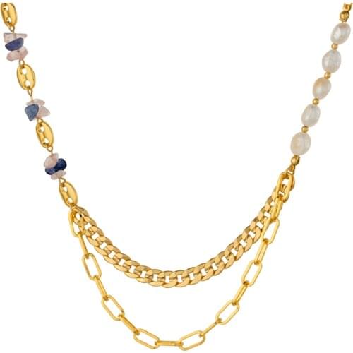 Jaeeyin 2021 Fashion Jewelry Thick Chain White Freshwater Pearl Pink Blue Natural Stone Pig Snout Multi Necklace Special Gifts