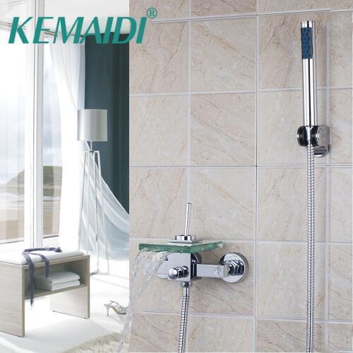 KEMAIDI Bathtub Faucet Bathroom Shower Wall Mounted Waterfall Spout Bath Basin Mixer Tap Single Handle Transparent Glass Spout