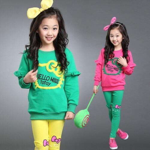 Childrens Wear Clothes for Girls Suits Lovely Embroidery Elastic Girls Long Sleeves Tops+pant Two Pieces Sets 3-10 Ages