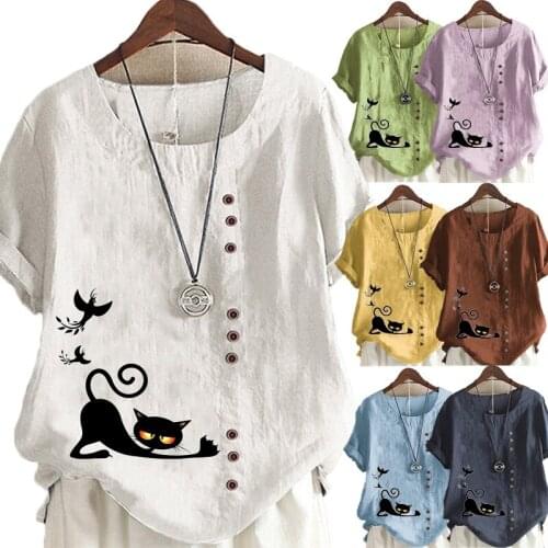 Summer Casual Cats Print Loose T-shirts Vintage Linen O-Neck Plus Size Short Sleeve Blouse Tops For Women S-5XL