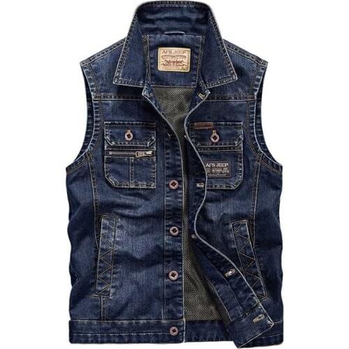 Mcikkny Men Retro Spring Denim Vest Multi Pockets Cotton Washed Jeans Waistcoats For Male Size M-6XL