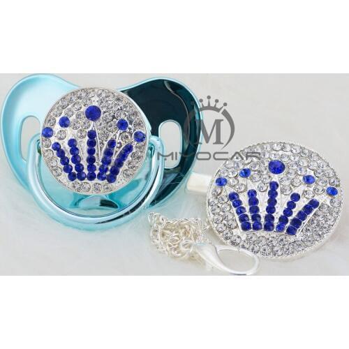 MIYOCAR Gold silver princess bling blue/pink crown pacifier and pacifier clip set BPA free dummy bling unique design ABCG-1