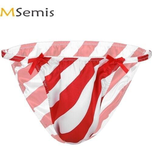Mens Cute Santa Claus Underwear Gay Lingerie Shiny Satin Red&White Striped Christmas Sting Bikini Briefs Sissy Christmas Panties