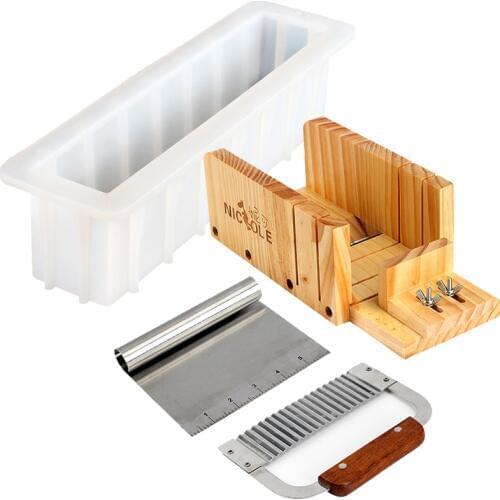 Silicone Soap Mold Set-4 Wooden Cutter Box With 2 Pieces Stainless Steel Blade for DIY Handmade Swirl Soaps Tool