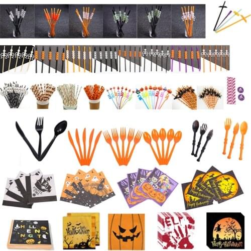 Halloween Party Different Type Knife Fork Spoon Straw Napkins Bat Pumpkin Skeleton Bloody Witch Disposable Plastic Cartoon Print
