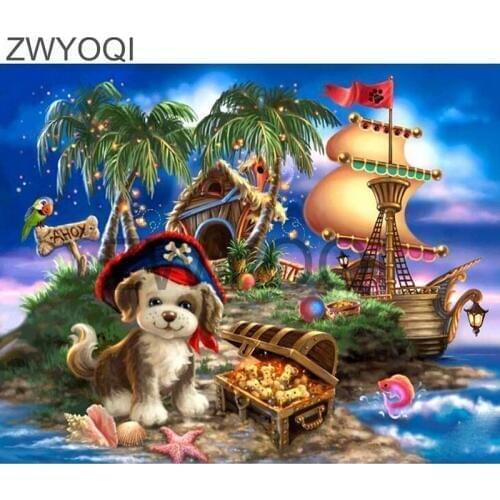 Full Square Diamond painting Dog jewelry boat DIY Diamond embroidery Cross stitch Full Round Diamond mosaic Dog jewel pirateship